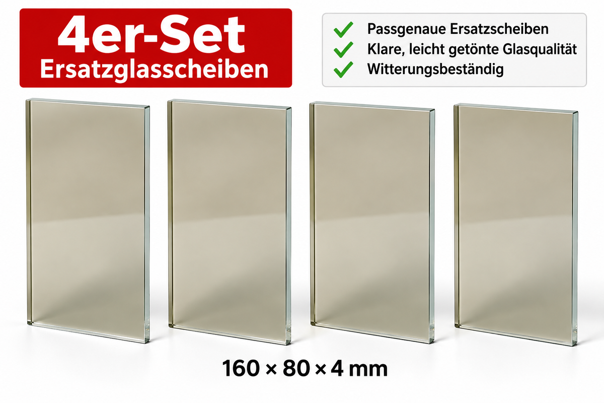 Vier Ersatzglasscheiben für Grablaternen, 160 × 80 × 4 mm, 4er-Set – illustrative Darstellung