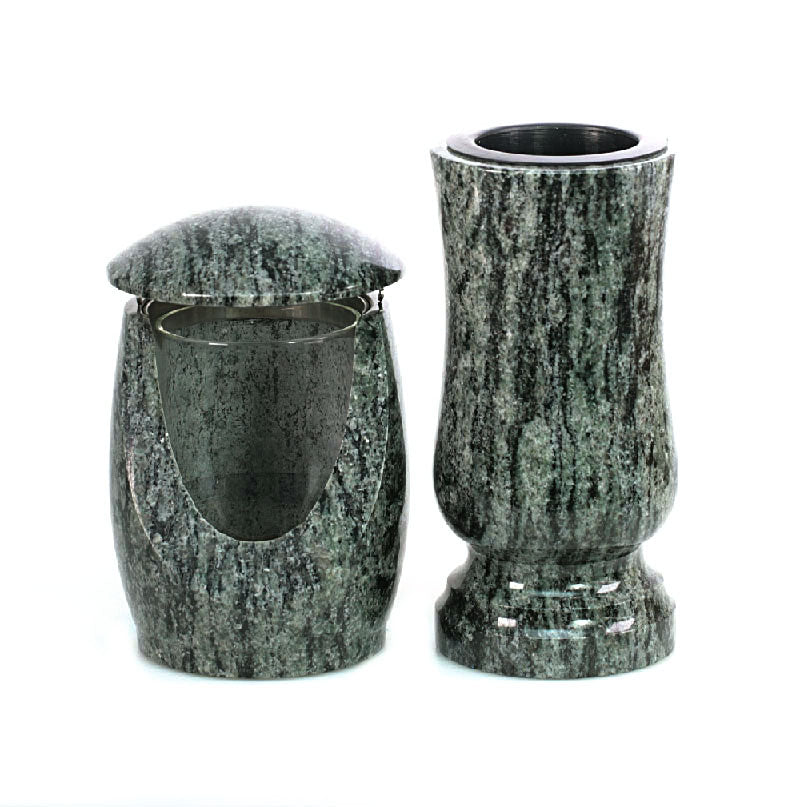 Grablaterne Grabvase Set aus Granit – Olive Green