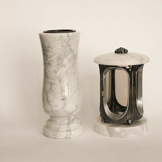 Grabschmuck Set Marmor: Laterne & Vase Massive Steinmetz Qualität
