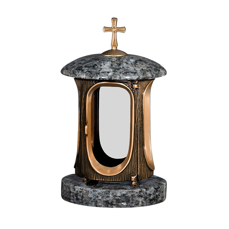 Grablaterne Klassisch Gold aus Granit Labrador Blue Pearl mit Kreuz