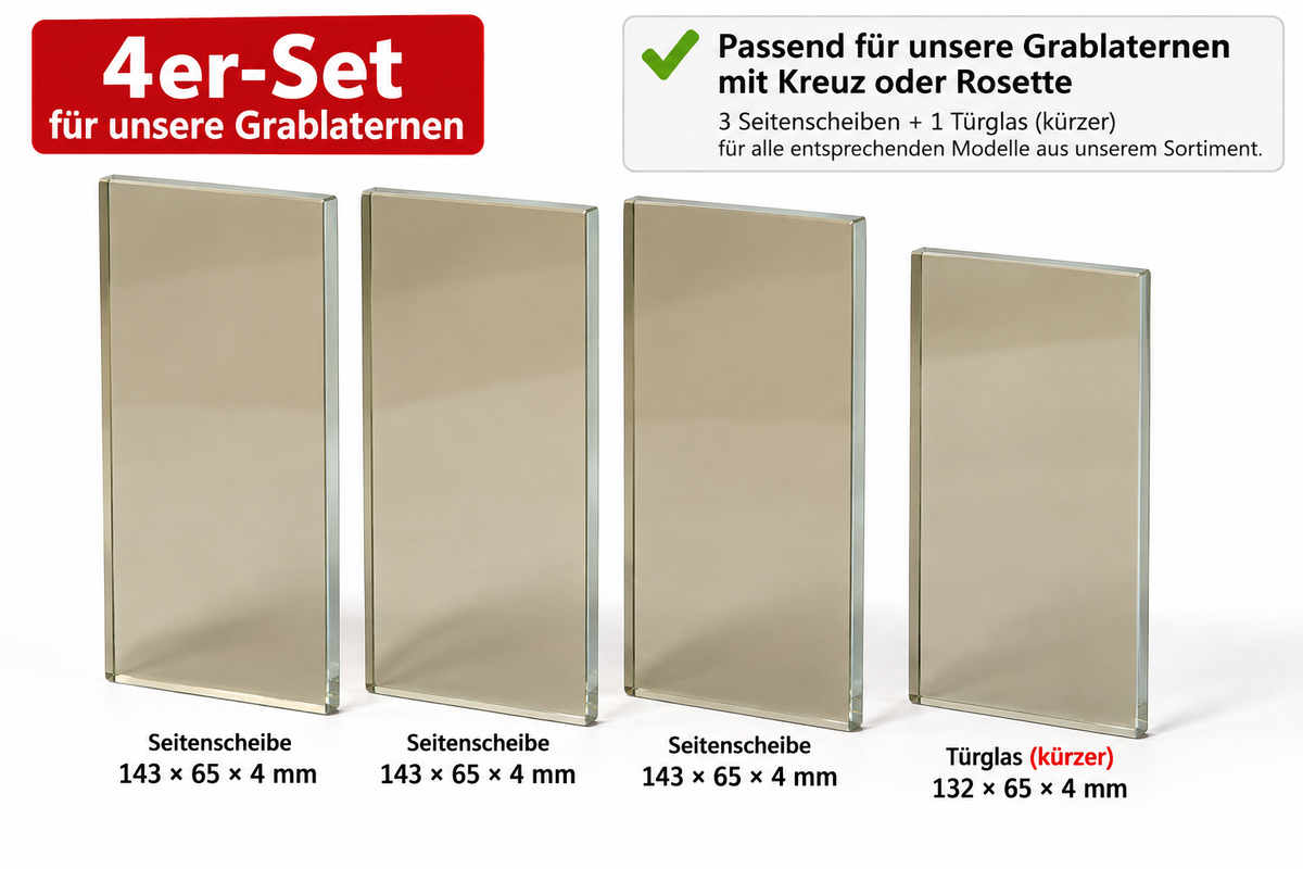 Vier Ersatzglasscheiben für Kreuz- und Rosetten-Grablaternen