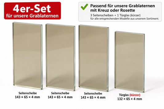 Vier Ersatzglasscheiben für Kreuz- und Rosetten-Grablaternen
